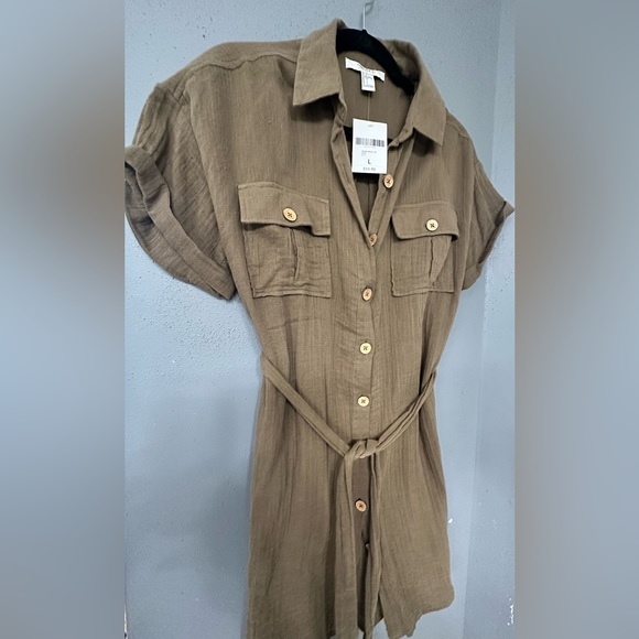 NTW Forever 21 Army green belted button up dress. Size: Large - Picture 2 of 3